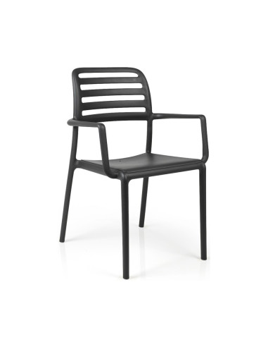 Fauteuil en résine COSTA anthracite assise pleine et dossier ajouré