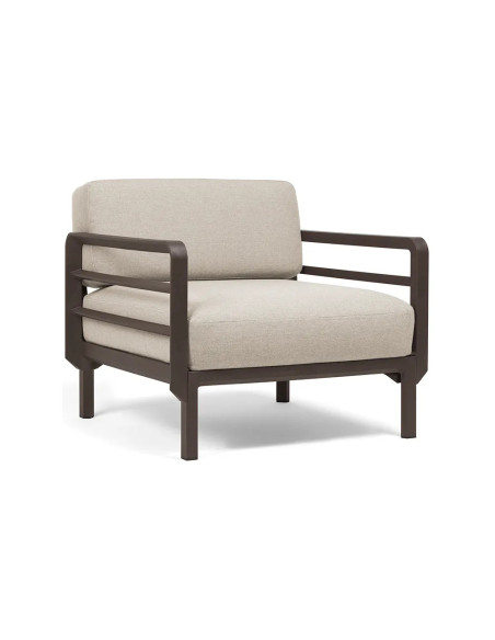 Fauteuil en résine MAXIMO 2 accoudoirs renforcé fibre de verre avec coussin - Structure couleur Terra, coussin Perla