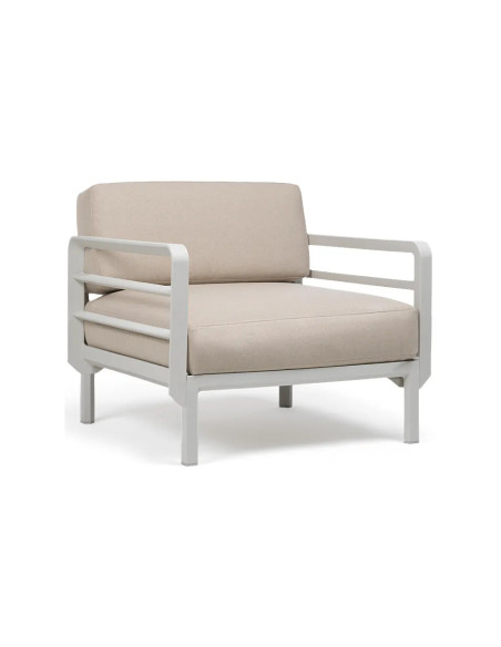 Fauteuil en résine MAXIMO 2 accoudoirs renforcé fibre de verre avec coussin - Structure couleur Gesso, coussin Perla