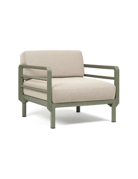Fauteuil en résine MAXIMO 2 accoudoirs renforcé fibre de verre avec coussin - Structure couleur Cactus, coussin Perla