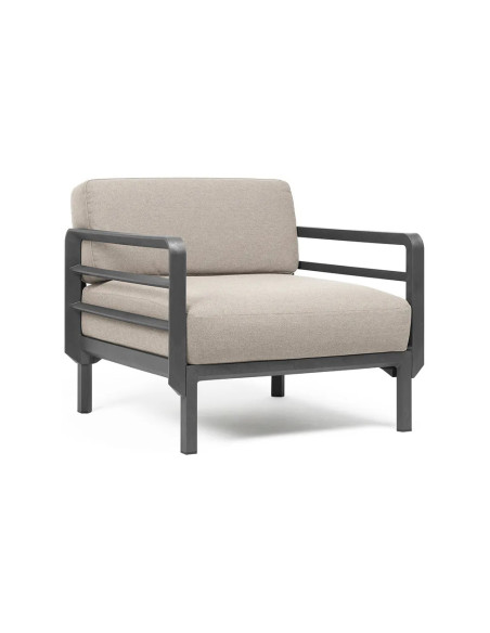 Fauteuil en résine MAXIMO 2 accoudoirs renforcé fibre de verre avec coussin - Structure couleur Basalto, coussin Perla