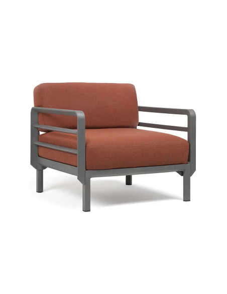 Fauteuil en résine MAXIMO 2 accoudoirs renforcé fibre de verre avec coussin - Structure couleur Basalto, coussin Cannella