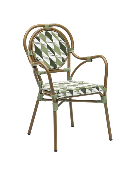 Fauteuil en aluminium wood walnut EMERAUDE assise et dossier tressage graphic