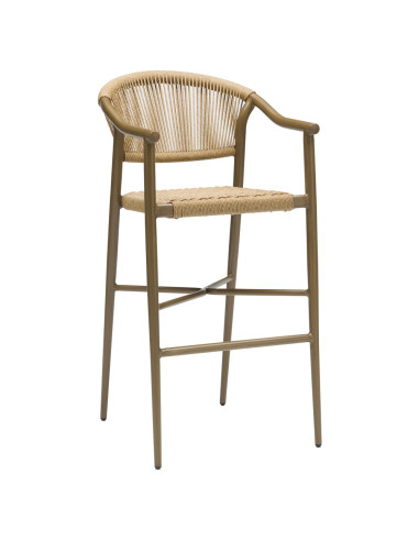 Chaise de bar en aluminium wood walnut PHUKET assise et dossier tressage corde nature