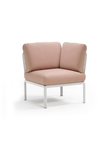 Chauffeuse d'angle en résine KOMODO blanc renforcé en fibre de verre avec coussin rosa