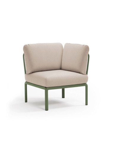 Chauffeuse d'angle en résine KOMODO vert agave renforcé en fibre de verre avec coussin canvas