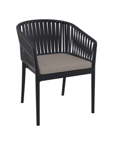 Fauteuil en résine PORTOFINO fibre de verre coussin d'assise dossier ruban noir coussin taupe