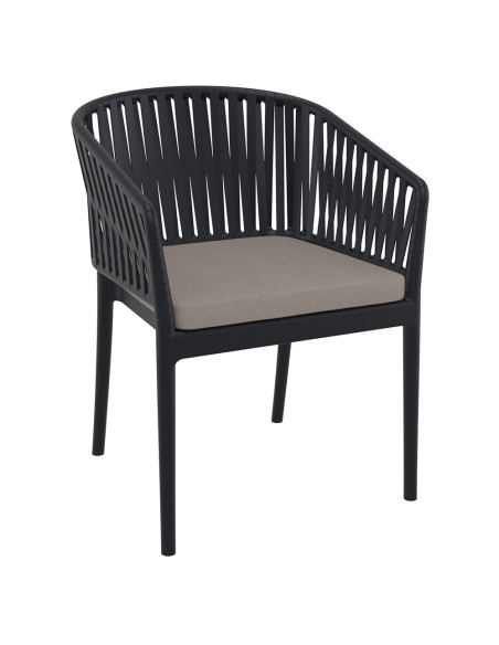 Fauteuil en résine PORTOFINO fibre de verre coussin d'assise dossier ruban noir coussin taupe