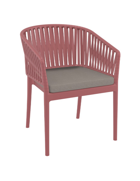 Fauteuil en résine PORTOFINO fibre de verre coussin d'assise dossier ruban marsala coussin taupe