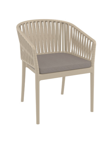Fauteuil en résine PORTOFINO fibre de verre coussin d'assise dossier ruban toureterelle coussin taupe