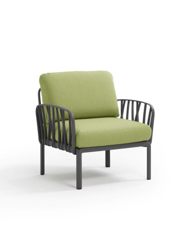Fauteuil en résine KOMODO 2 accoudoirs anthracite renforcé en fibre de verre avec coussin avocado