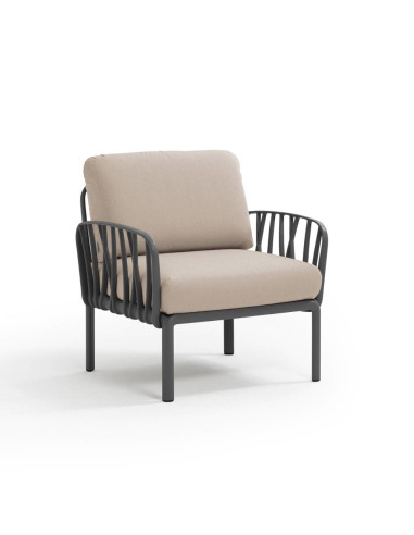Fauteuil en résine KOMODO 2 accoudoirs anthracite renforcé en fibre de verre avec coussin canvas