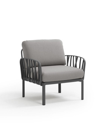 Fauteuil en résine KOMODO 2 accoudoirs anthracite renforcé en fibre de verre avec coussin grigio
