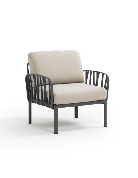 Fauteuil en résine KOMODO 2 accoudoirs anthracite renforcé en fibre de verre avec coussin panama