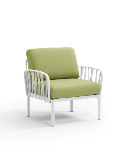 Fauteuil en résine KOMODO 2 accoudoirs blanc renforcé en fibre de verre avec coussin avocado