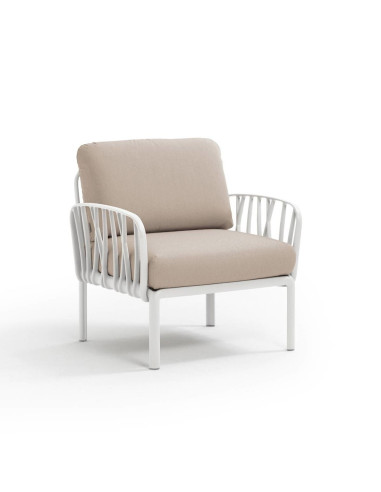 Fauteuil en résine KOMODO 2 accoudoirs blanc renforcé en fibre de verre avec coussin canvas
