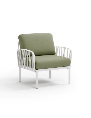 Fauteuil en résine KOMODO 2 accoudoirs blanc renforcé en fibre de verre avec coussin giungla