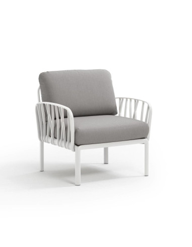 Fauteuil en résine KOMODO 2 accoudoirs blanc renforcé en fibre de verre avec coussin grigio