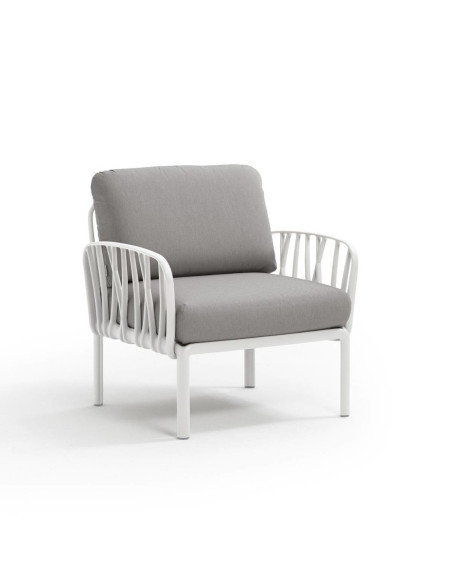 Fauteuil en résine KOMODO 2 accoudoirs blanc renforcé en fibre de verre avec coussin grigio