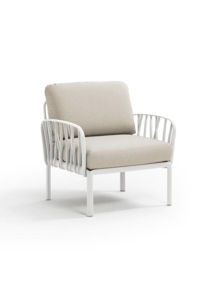Fauteuil en résine KOMODO 2 accoudoirs blanc renforcé en fibre de verre avec coussin panama
