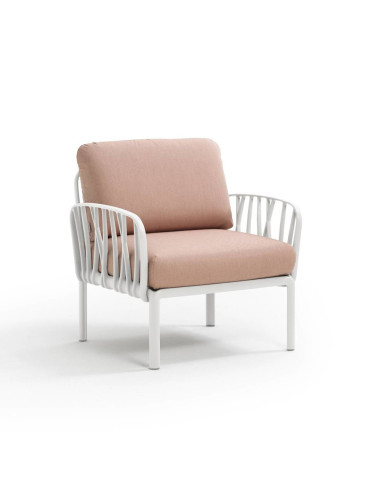 Fauteuil en résine KOMODO 2 accoudoirs blanc renforcé en fibre de verre avec coussin rosa