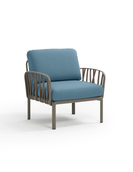 Fauteuil en résine KOMODO 2 accoudoirs taupe renforcé en fibre de verre avec coussin adriatic