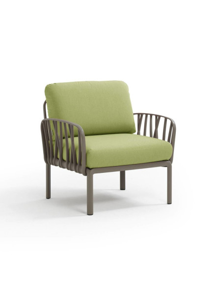 Fauteuil en résine KOMODO 2 accoudoirs taupe renforcé en fibre de verre avec coussin avocado