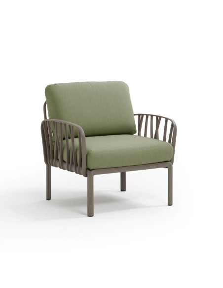 Fauteuil en résine KOMODO 2 accoudoirs taupe renforcé en fibre de verre avec coussin giungla