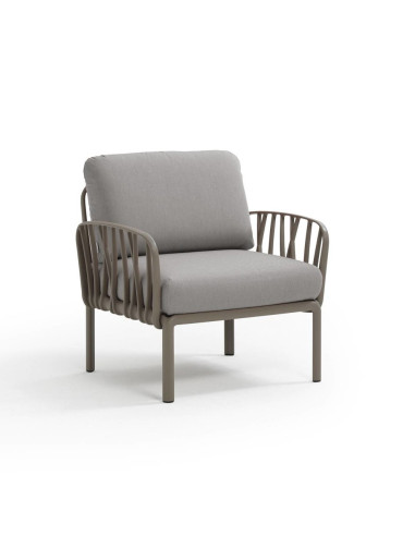 Fauteuil en résine KOMODO 2 accoudoirs taupe renforcé en fibre de verre avec coussin grigio