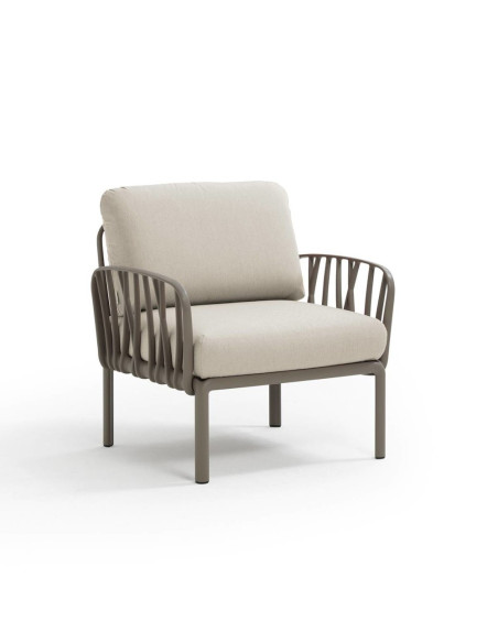 Fauteuil en résine KOMODO 2 accoudoirs taupe renforcé en fibre de verre avec coussin panama