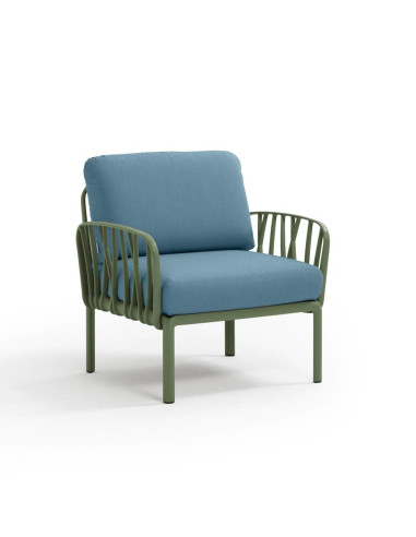 Fauteuil en résine KOMODO 2 accoudoirs vert agave renforcé en fibre de verre avec coussin adriatic