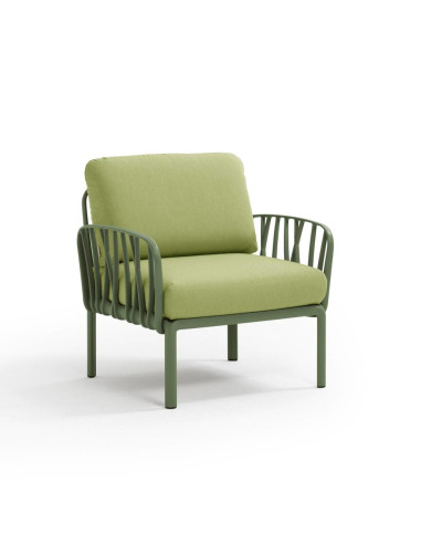 Fauteuil en résine KOMODO 2 accoudoirs vert agave renforcé en fibre de verre avec coussin avocado