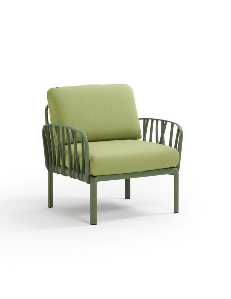 Fauteuil en résine KOMODO 2 accoudoirs vert agave renforcé en fibre de verre avec coussin avocado