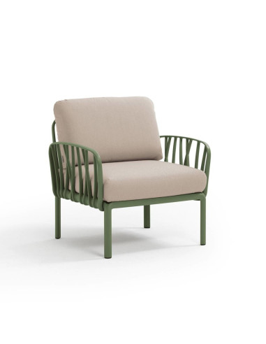 Fauteuil en résine KOMODO 2 accoudoirs vert agaverenforcé en fibre de verre avec coussin canvas