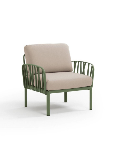 Fauteuil en résine KOMODO 2 accoudoirs vert agaverenforcé en fibre de verre avec coussin canvas