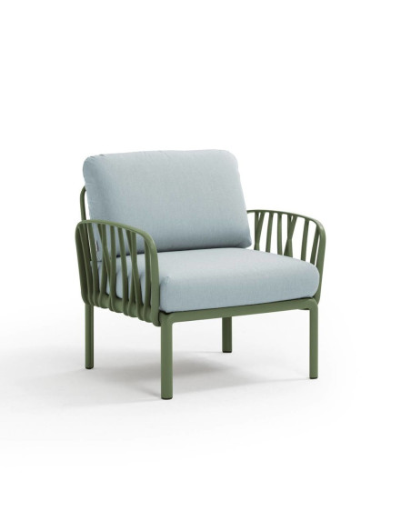 Fauteuil en résine KOMODO 2 accoudoirs vert agave renforcé en fibre de verre avec coussin ghiaccio