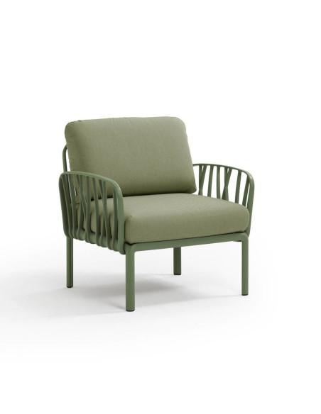 Fauteuil en résine KOMODO 2 accoudoirs vert agave renforcé en fibre de verre avec coussin giungla