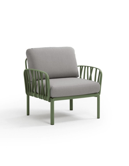 Fauteuil en résine KOMODO 2 accoudoirs vert agave renforcé en fibre de verre avec coussin grigio