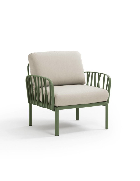 Fauteuil en résine KOMODO 2 accoudoirs vert agave renforcé en fibre de verre avec coussin panama