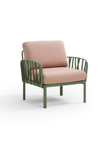 Fauteuil en résine KOMODO 2 accoudoirs vert agave renforcé en fibre de verre avec coussin rosa