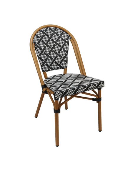 Chaise CAPRI structure aluminium imitation bois dossier et assise textylène noir et blanc