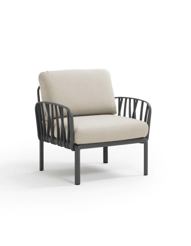 Fauteuil en résine KOMODO 2 accoudoirs anthracite renforcé en fibre de verre avec coussin panama