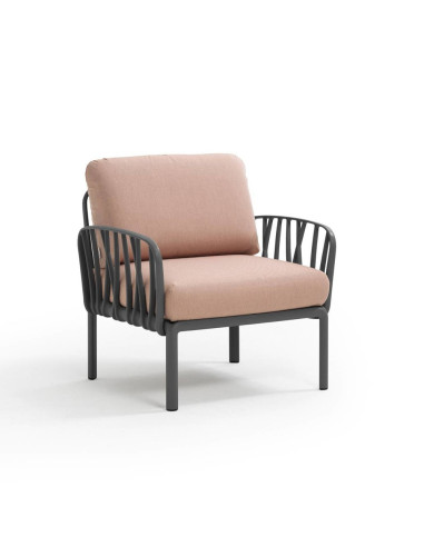 Fauteuil en résine KOMODO 2 accoudoirs anthracite renforcé en fibre de verre avec coussin rosa