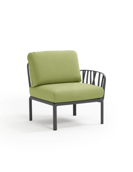 Fauteuil en résine KOMODO anthracite 1 accoudoir renforcé en fibre de verre avec coussin adriatic avocado