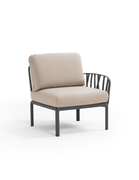 Fauteuil en résine KOMODO anthracite 1 accoudoir renforcé en fibre de verre avec coussin canvas