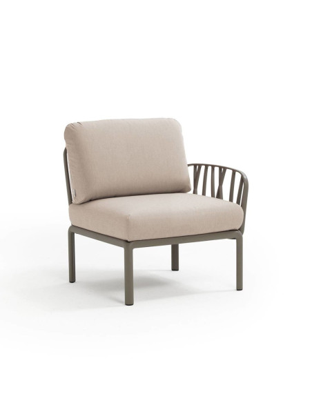 Fauteuil en résine KOMODO taupe 1 accoudoir renforcé en fibre de verre avec coussin canvas