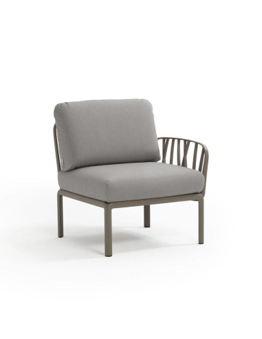 Fauteuil en résine KOMODO taupe 1 accoudoir renforcé en fibre de verre avec coussin grigio