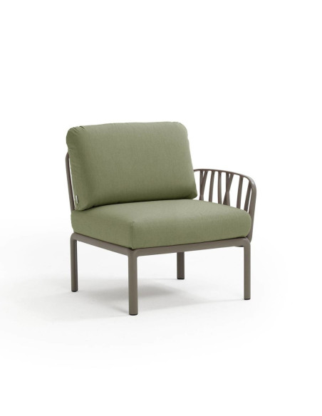 Fauteuil en résine KOMODO taupe 1 accoudoir renforcé en fibre de verre avec coussin giungla