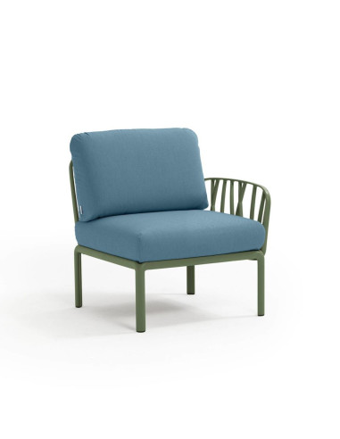 Fauteuil en résine KOMODO vert agave 1 accoudoir renforcé en fibre de verre avec coussin adriatic