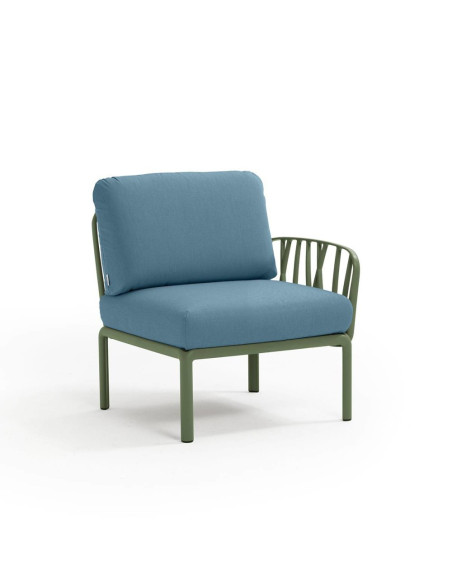 Fauteuil en résine KOMODO vert agave 1 accoudoir renforcé en fibre de verre avec coussin adriatic